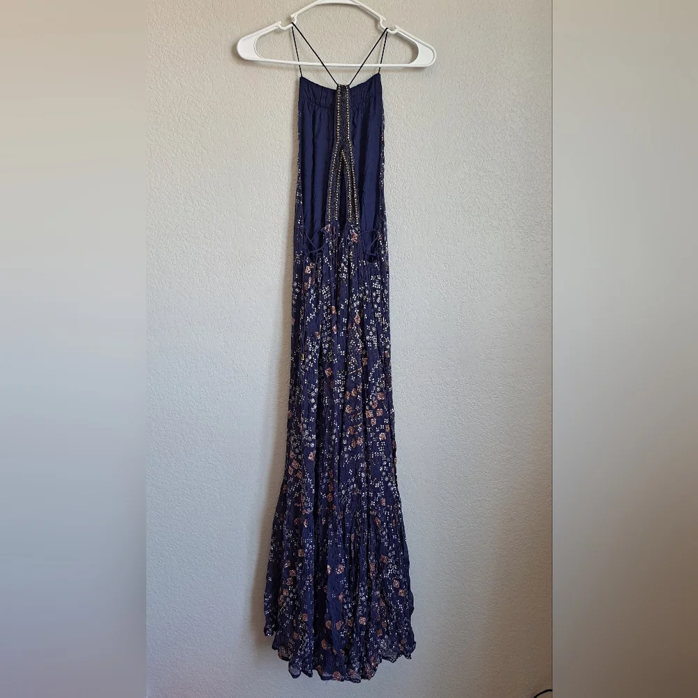 Free People Boho Strappy Beaded Glitter Open Back Maxi Dress Size XS